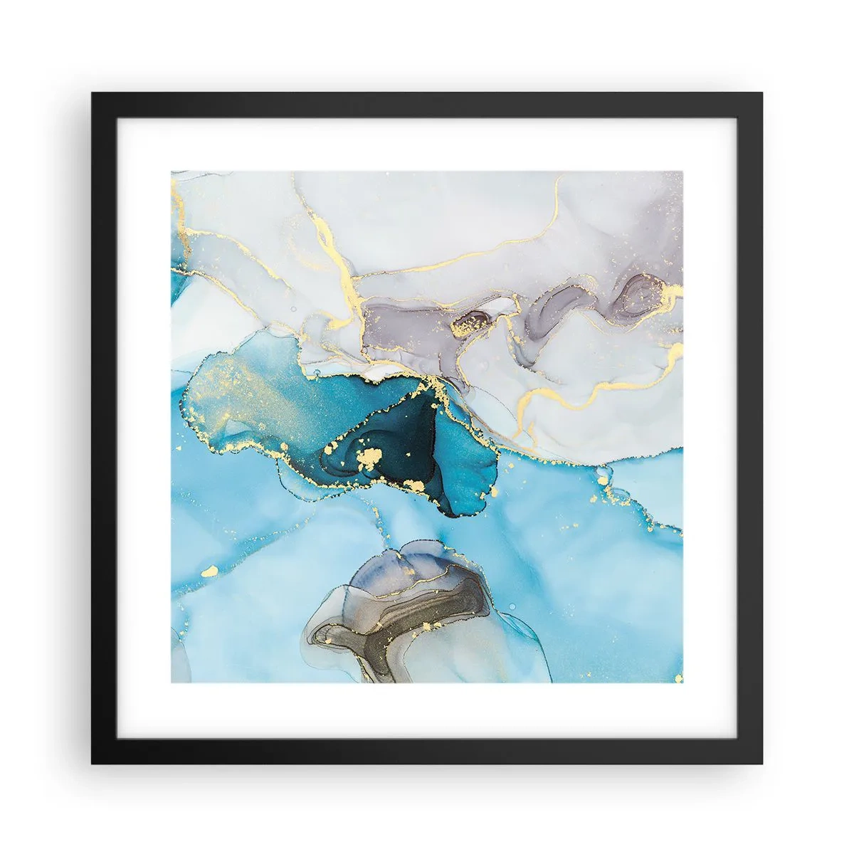 Plakat w czarnej ramie - Studium spotkania szarości z turkusem - 40x40 cm