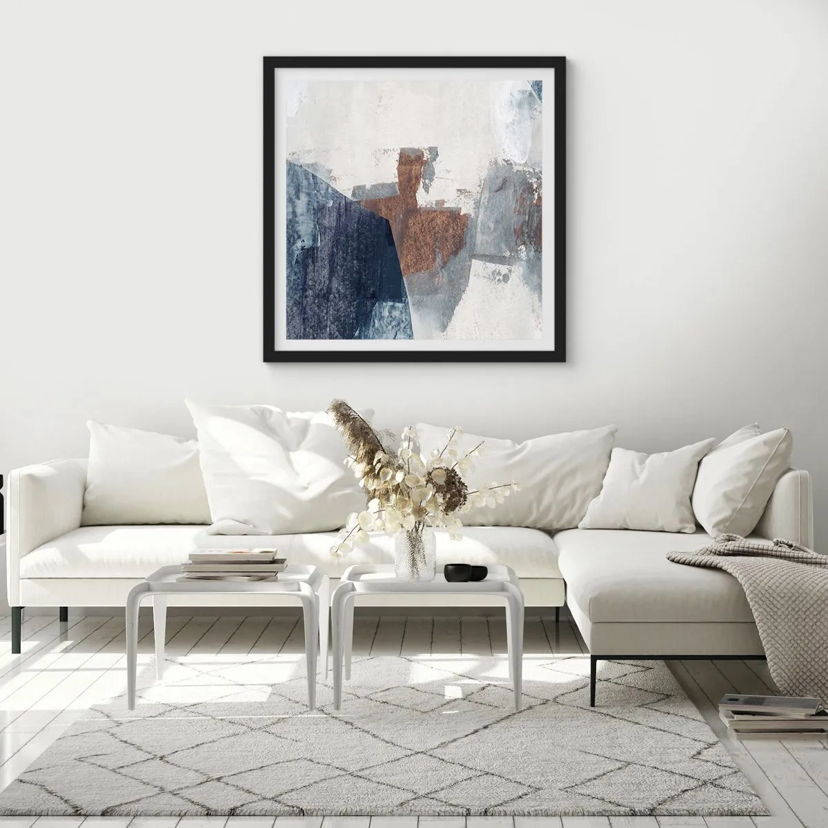 Plakat w czarnej ramie - Błękitno-brunatne kształty - 30x30 cm