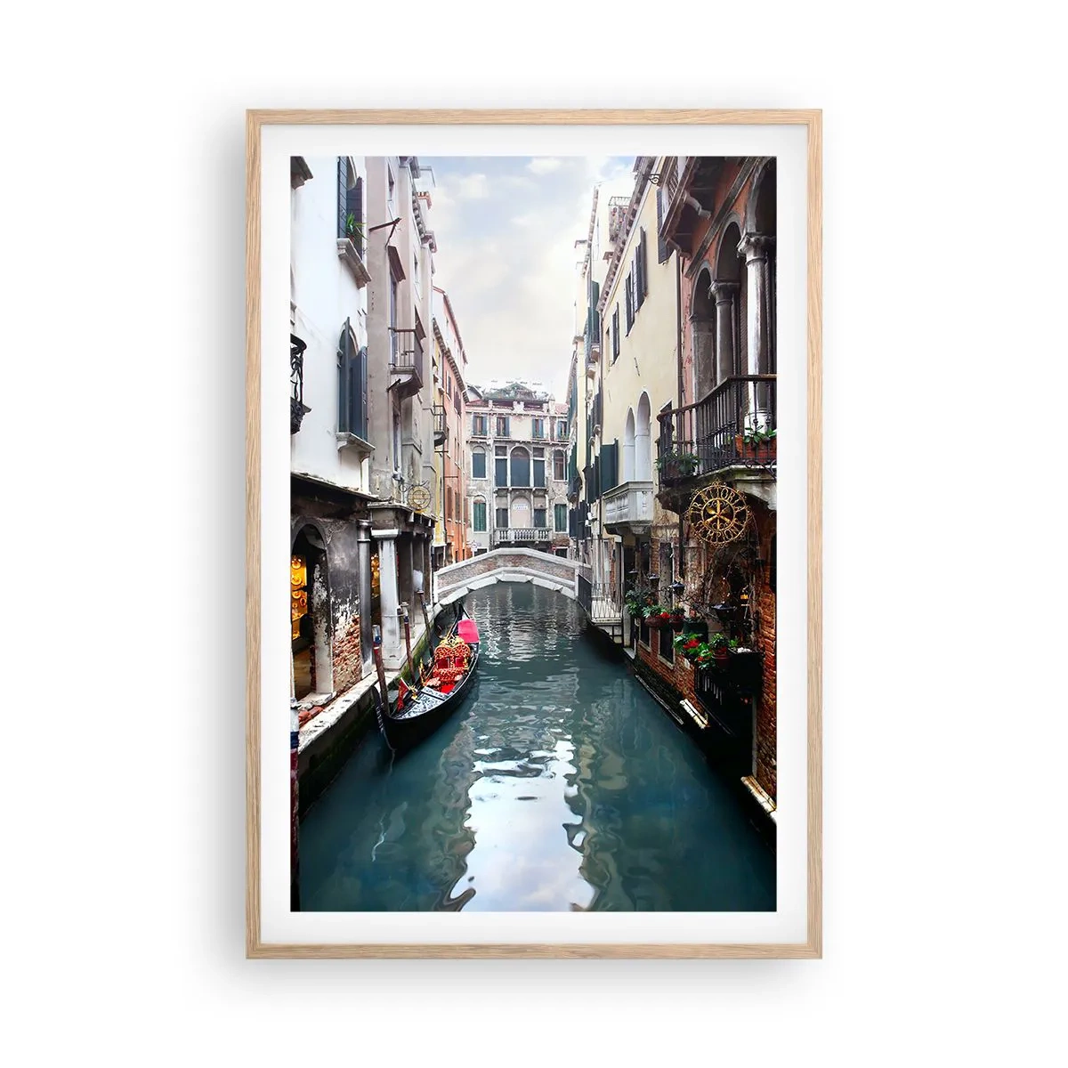 Plakat w ramie jasny dąb - Pejzaż wenecki z gondolą i mostkiem - 61x91 cm