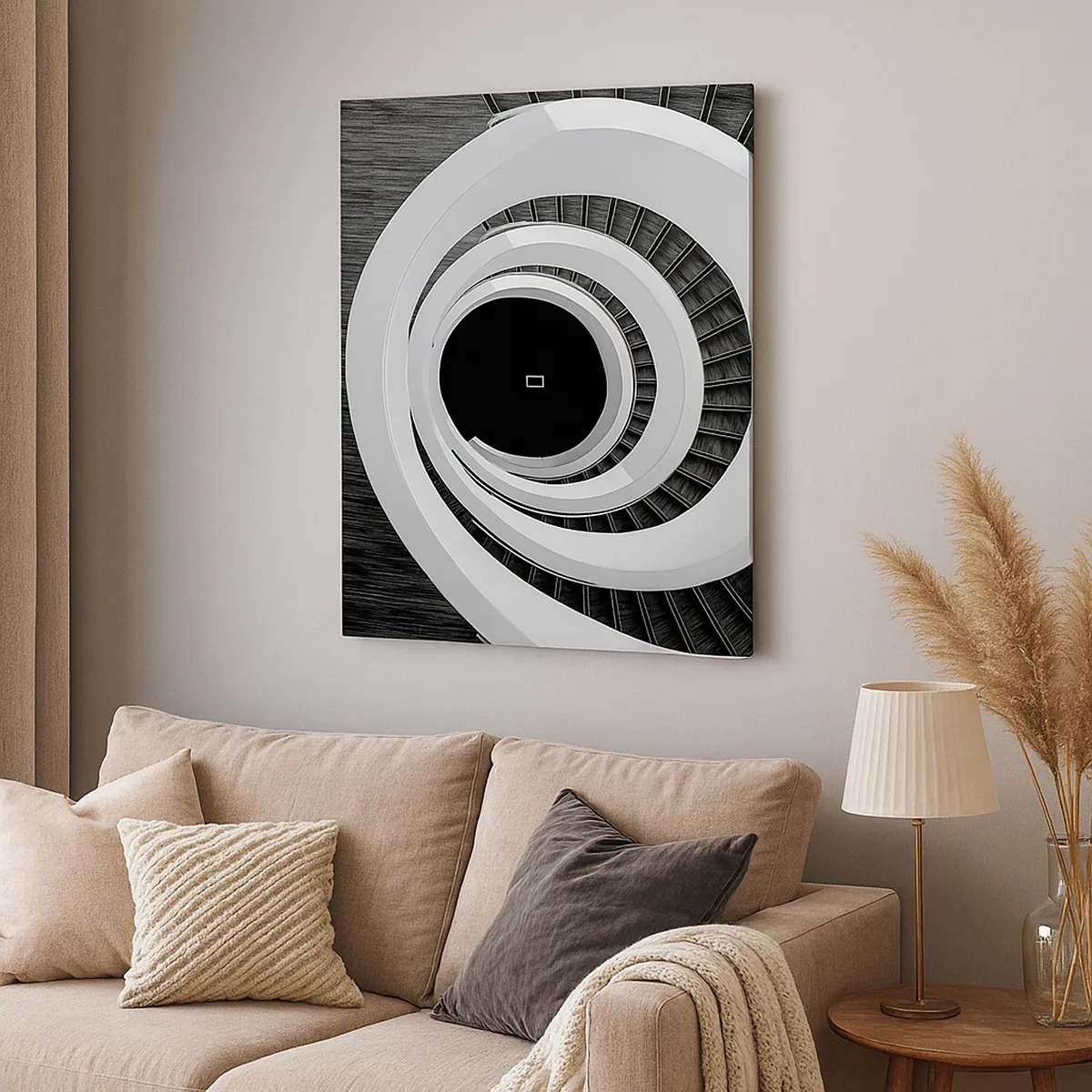 Obraz na płótnie - Czarno-biała fotografia spiralnych schodów ukazanych w geometrycznej perspektywie - 50x70cm - Do istoty rzeczy - Nowoczesna dekoracja ścienna do salonu, kuchni i sypialni ARTTOR