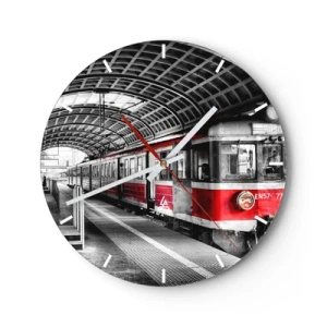 Zegar ścienny - Czerwony pociąg na stacji w industrialnym stylu - 30x30cm - Może to podróż życia? - Nowoczesna dekoracja ścienna do salonu, kuchni i sypialni ARTTOR