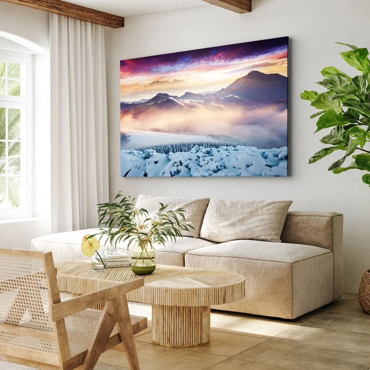 Obraz na płótnie - Zaśnieżone góry o świcie z kolorowym niebem - 70x50cm - Siła i czystość natury - Nowoczesna dekoracja ścienna do salonu i sypialni ARTTOR
