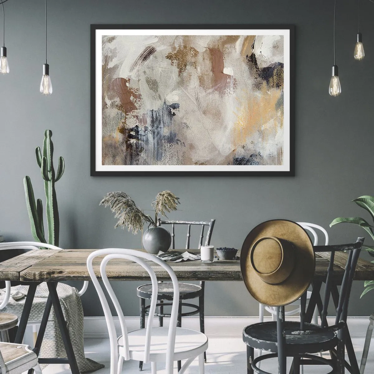 Plakat w czarnej ramie - Abstrakcyjne plamy w stonowanych odcieniach beżu i złota - 100x70cm - Abstrakcja zamglona - Nowoczesna dekoracja ścienna do salonu i sypialni ARTTOR