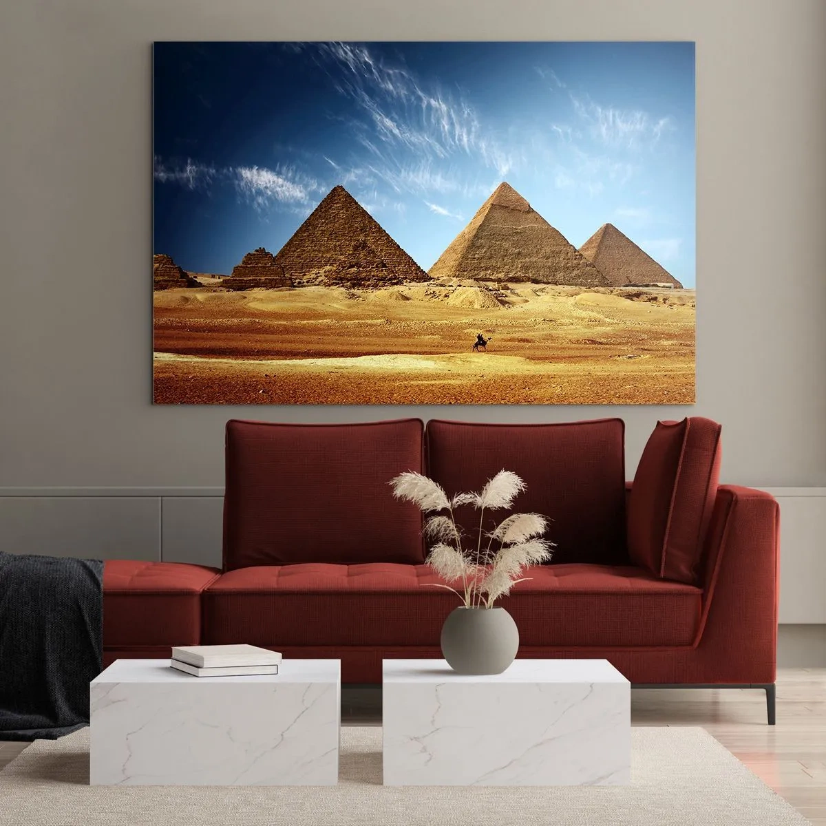 Obraz na szkle - Piramidy w Gizie na tle błękitnego nieba - 120x80cm - 40 wieków patrzy na was - Nowoczesna dekoracja ścienna do salonu, kuchni i sypialni ARTTOR