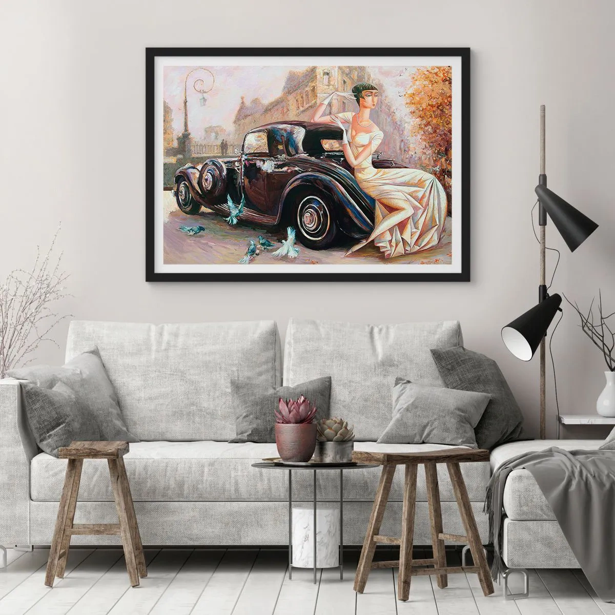Plakat w czarnej ramie - Kobieta w stylu retro obok klasycznego samochodu - 100x70cm - Elegancja w stylu retro - Nowoczesna dekoracja ścienna do salonu i sypialni ARTTOR