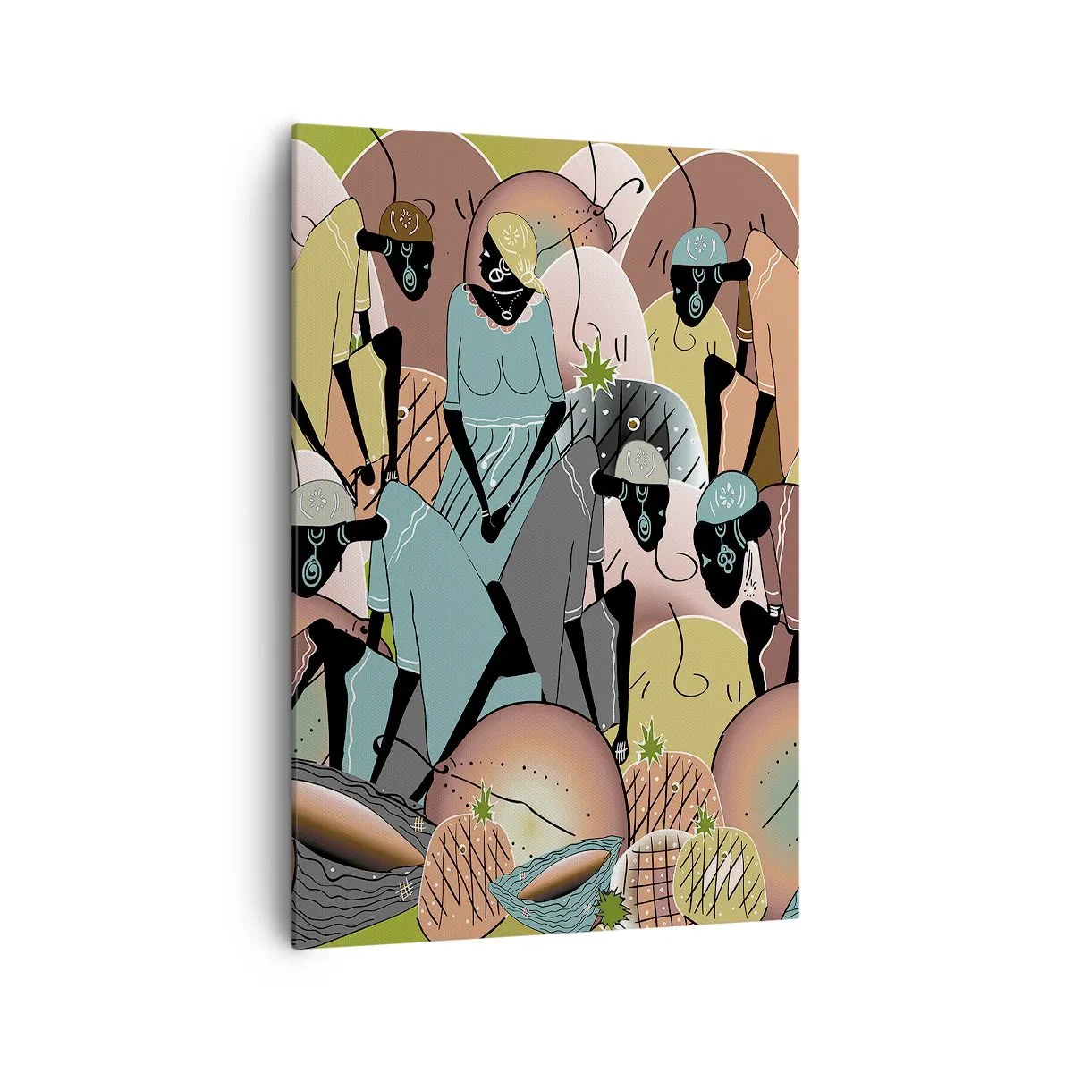 Obraz na płótnie - Kolorowa kompozycja abstrakcyjna inspirowana kulturą afrykańską - 70x100cm - Nadchodzi wielkie święto - Nowoczesna dekoracja ścienna do salonu i sypialni ARTTOR