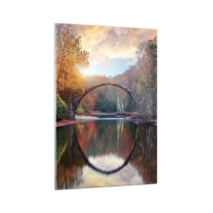 Obraz na szkle - Kamienny most w jesiennej scenerii nad spokojną wodą - 70x100cm - Po drugiej stronie lustra - Nowoczesna dekoracja ścienna do salonu i sypialni ARTTOR
