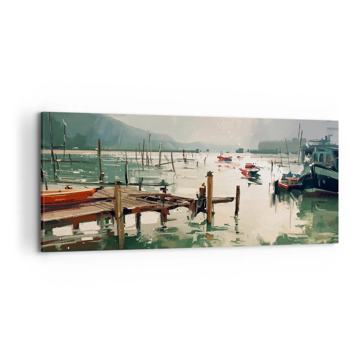 Obraz na płótnie - Malowniczy port z łodziami na spokojnej wodzie - 120x50cm - Oblane roztopionym księżycem - Nowoczesna dekoracja ścienna do salonu i sypialni ARTTOR