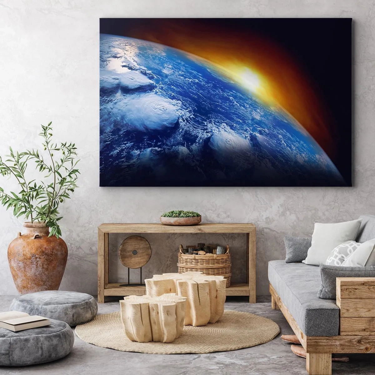 Obraz na płótnie - Widok na Ziemię z kosmosu przy zachodzącym słońcu - 70x50cm - Wschód słońca nad błękitną planetą - Nowoczesna dekoracja ścienna do salonu i sypialni ARTTOR
