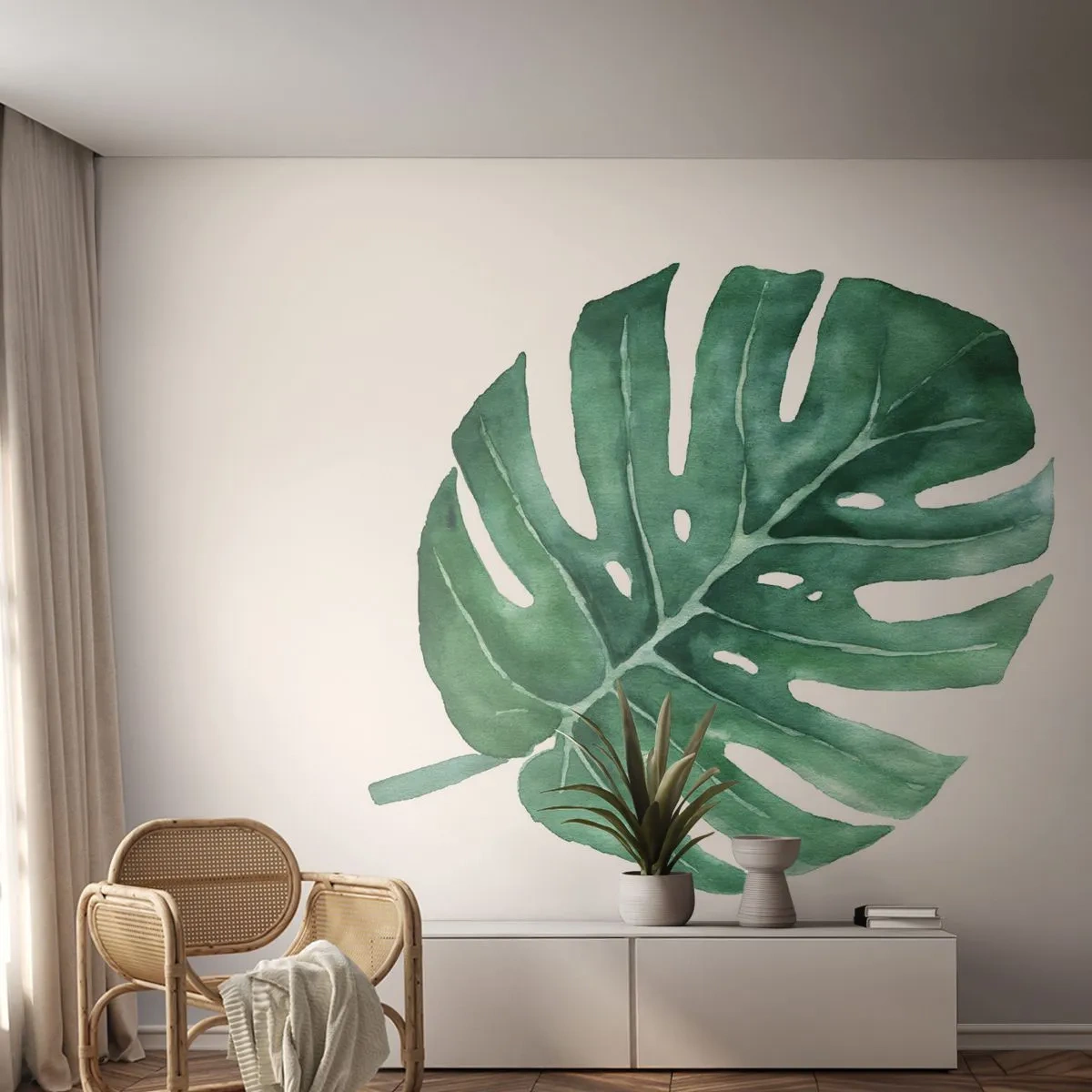 Fototapeta Premium Sand - Zielony koncept - Monstera, Liść, Boho - 100x70 cm