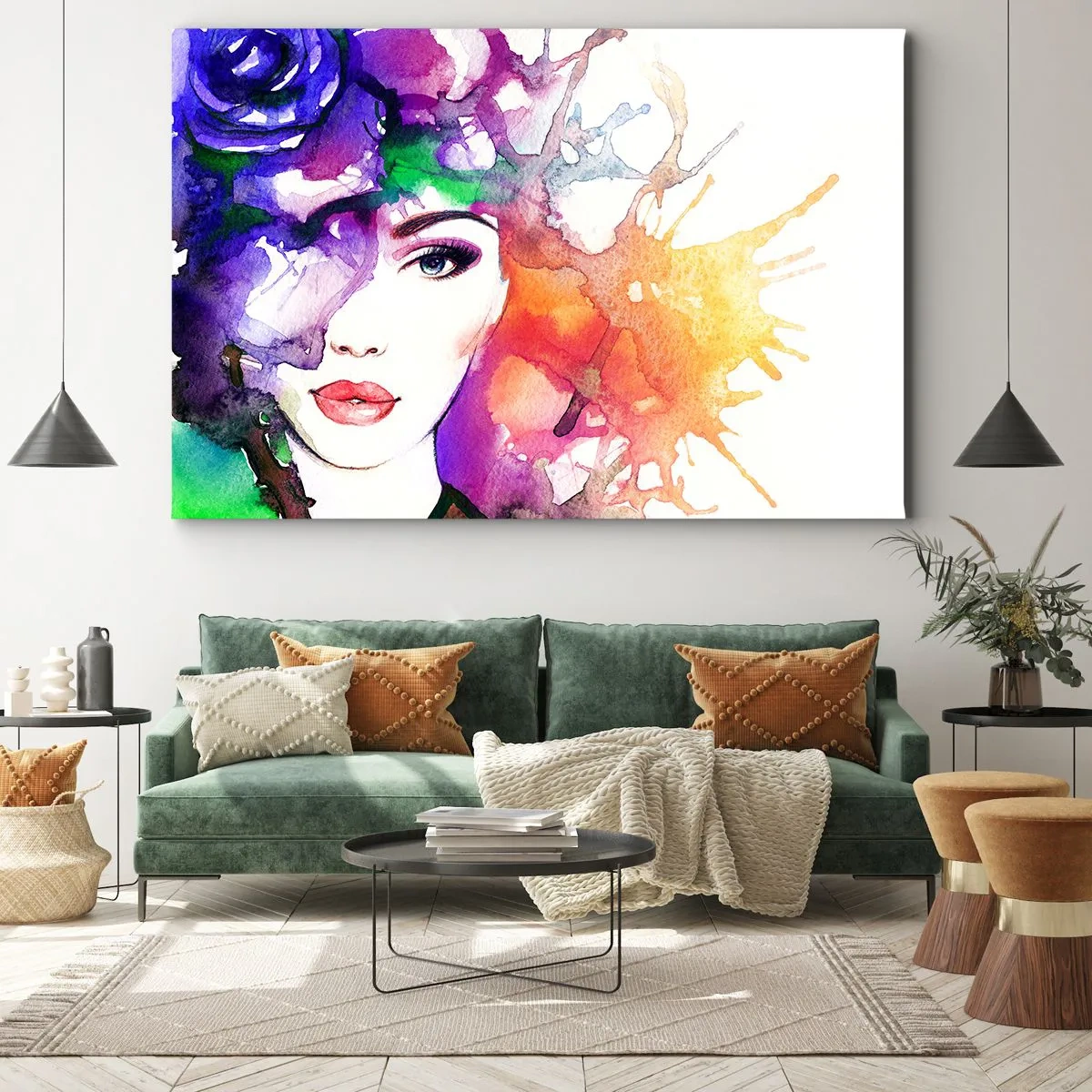 Obraz na płótnie - Portret kobiety w akwarelowych barwach z abstrakcyjnymi plamami - 70x50cm - Z głową w chmurach - Nowoczesna dekoracja ścienna do salonu i sypialni ARTTOR