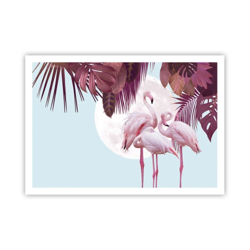 Plakat - Różowe flamingi na tle księżyca i tropikalnych liści - 100x70cm - Trzy ptasie gracje - Nowoczesna dekoracja ścienna do salonu i sypialni ARTTOR