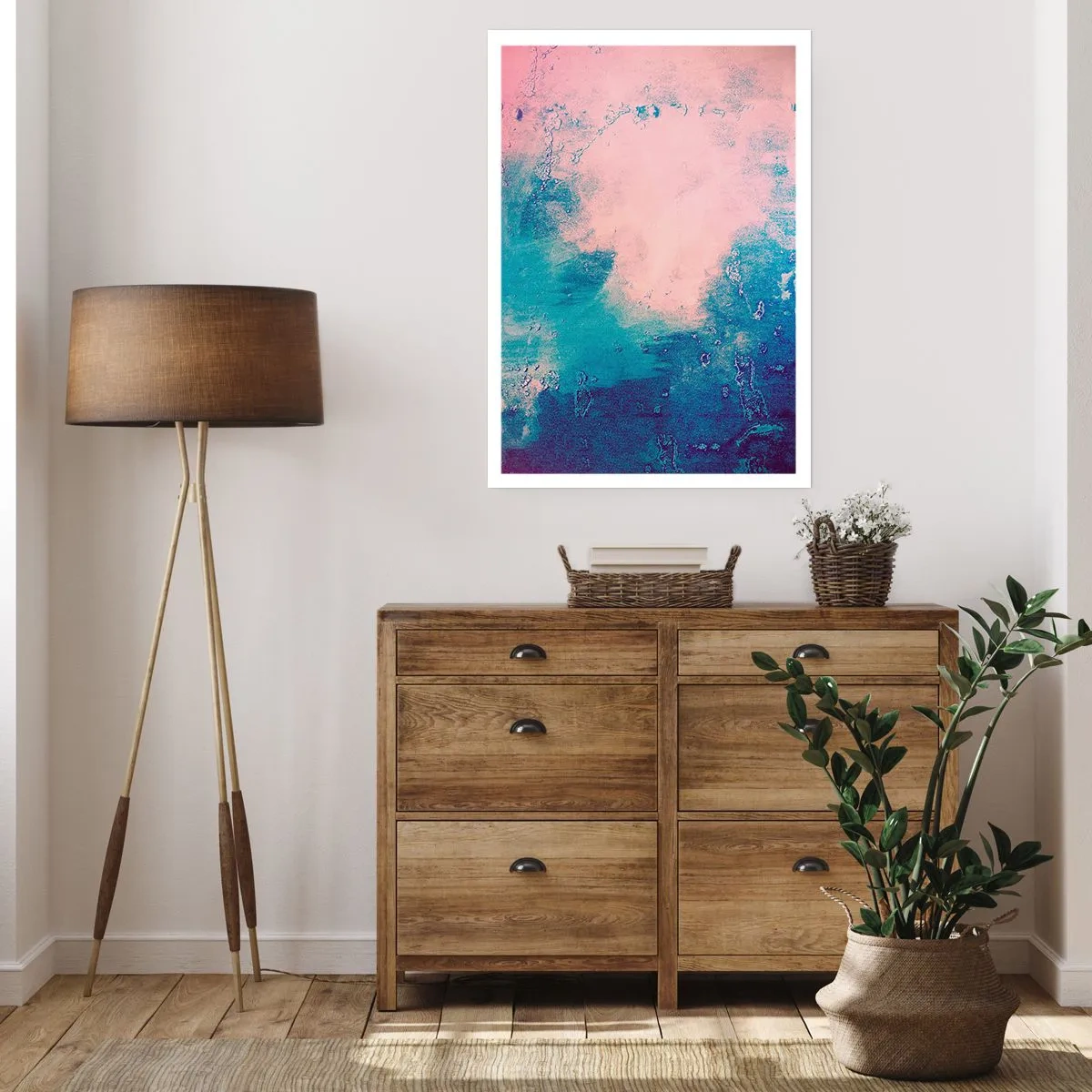 Plakat - Abstrakcyjna kompozycja w błękitach i różach - 50x70cm - Błękitne objęcia - Nowoczesna dekoracja ścienna do salonu, kuchni i sypialni ARTTOR