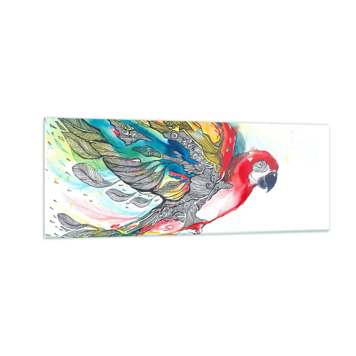 Obraz na szkle - Kolorowa papuga w locie z abstrakcyjnymi wzorami na skrzydłach - 140x50cm - Żyj kolorowo - Nowoczesna dekoracja ścienna do salonu i sypialni ARTTOR