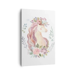 Obraz na płótnie - Jednorożec w pastelowych kolorach otoczony kwiatami - 80x120cm - Zaproszenie do świata baśni - Nowoczesna dekoracja ścienna do salonu i sypialni ARTTOR