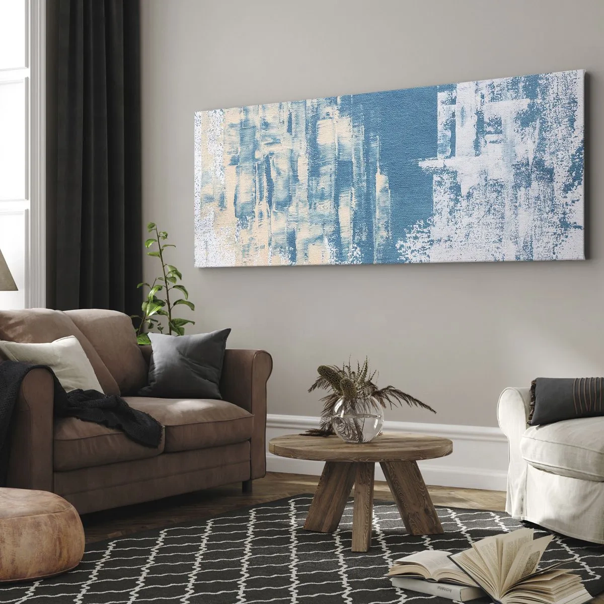 Obraz na płótnie - Abstrakcyjna kompozycja w odcieniach błękitu i bieli - 160x50cm - Przez lodowy sopel - Nowoczesna dekoracja ścienna do salonu i sypialni ARTTOR