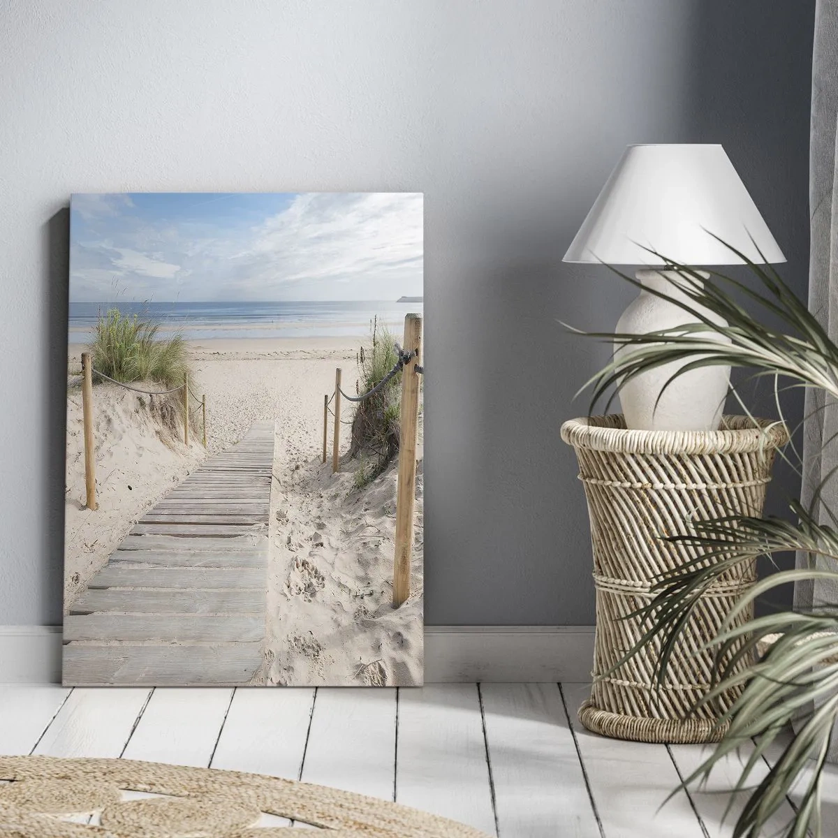 Obraz na płótnie - Drewniana ścieżka na plaży prowadząca do morza - 50x70cm - Po horyzont - Nowoczesna dekoracja ścienna do salonu, kuchni i sypialni ARTTOR