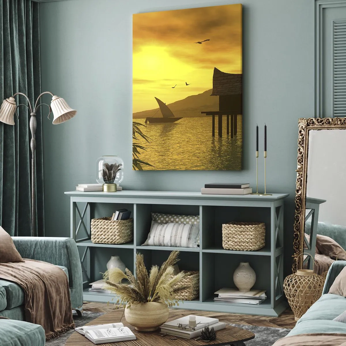 Obraz na płótnie - Żaglówka na jeziorze o zachodzie słońca w złotym świetle - 50x70cm - Upragniony spokój - Nowoczesna dekoracja ścienna do salonu, kuchni i sypialni ARTTOR