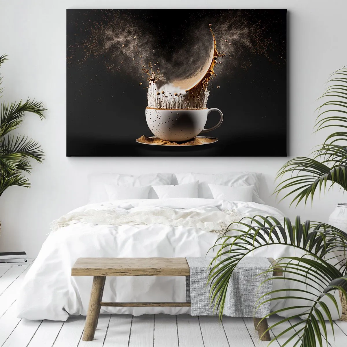 Obraz na płótnie - Filiżanka kawy z dynamiczną eksplozją płynu na czarnym tle - 70x50cm - Eksplozja smaku - Nowoczesna dekoracja ścienna do salonu i sypialni ARTTOR