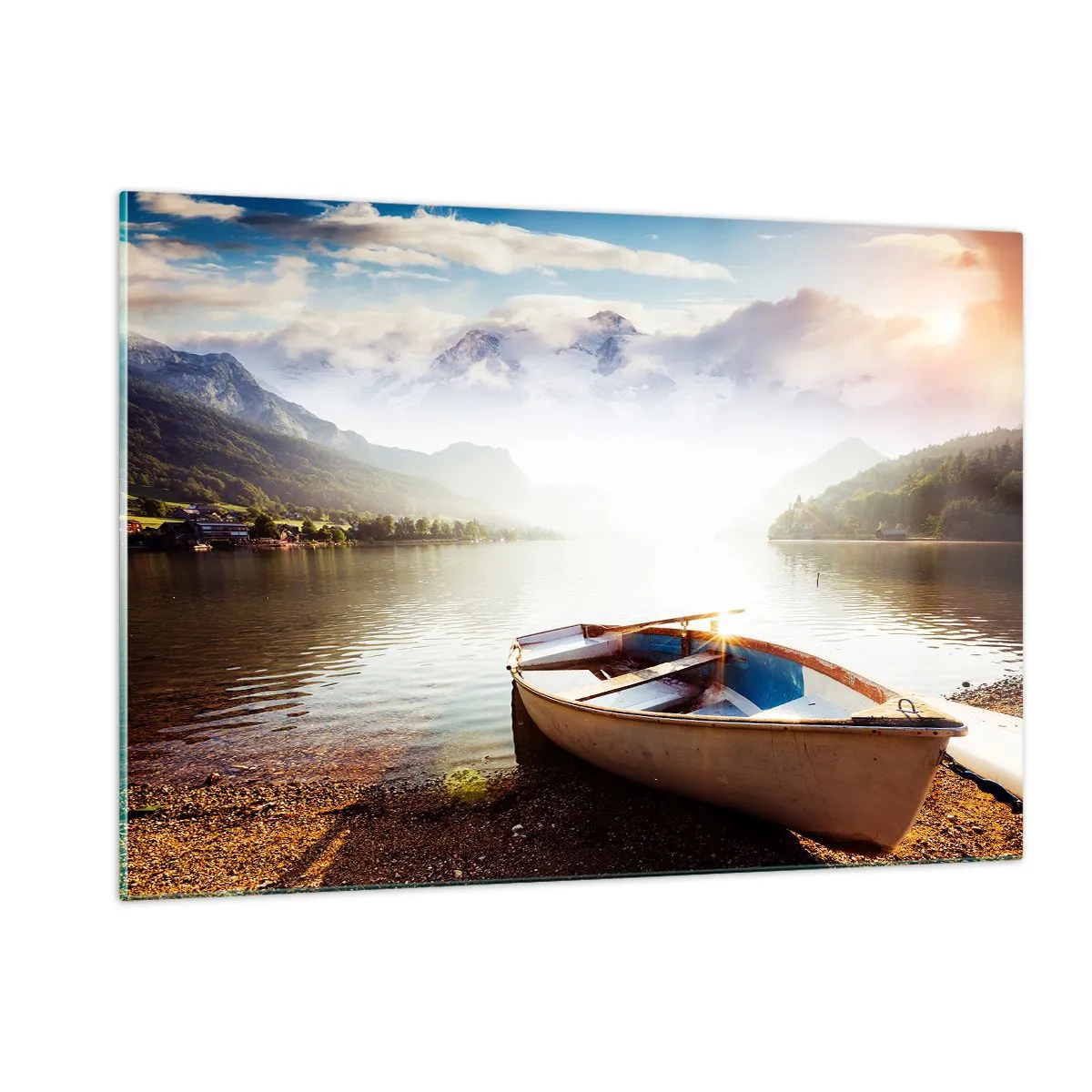 Obraz na szkle - Łódka nad jeziorem otoczonym górami o wschodzie słońca - 120x80cm - Nad wodą wielką i czystą - Nowoczesna dekoracja ścienna do salonu, kuchni i sypialni ARTTOR