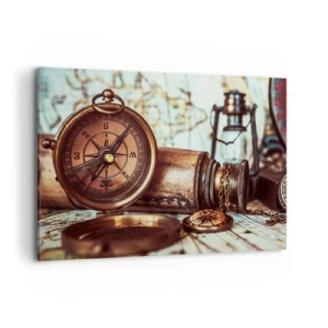 Obraz na płótnie - Zestaw retro z kompasem, lunetą i mapą w klimacie podróżniczym - 120x80cm - Piracka przygoda na Karaibach czeka - Nowoczesna dekoracja ścienna do salonu, kuchni i sypialni ARTTOR