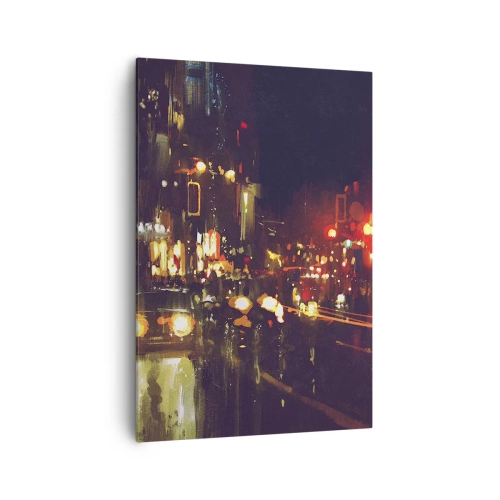 Obraz na płótnie - Nocna scena miasta z kolorowymi światłami i refleksami na ulicy - 70x100cm - Zatopiona w światłach nocy - Nowoczesna dekoracja ścienna do salonu i sypialni ARTTOR