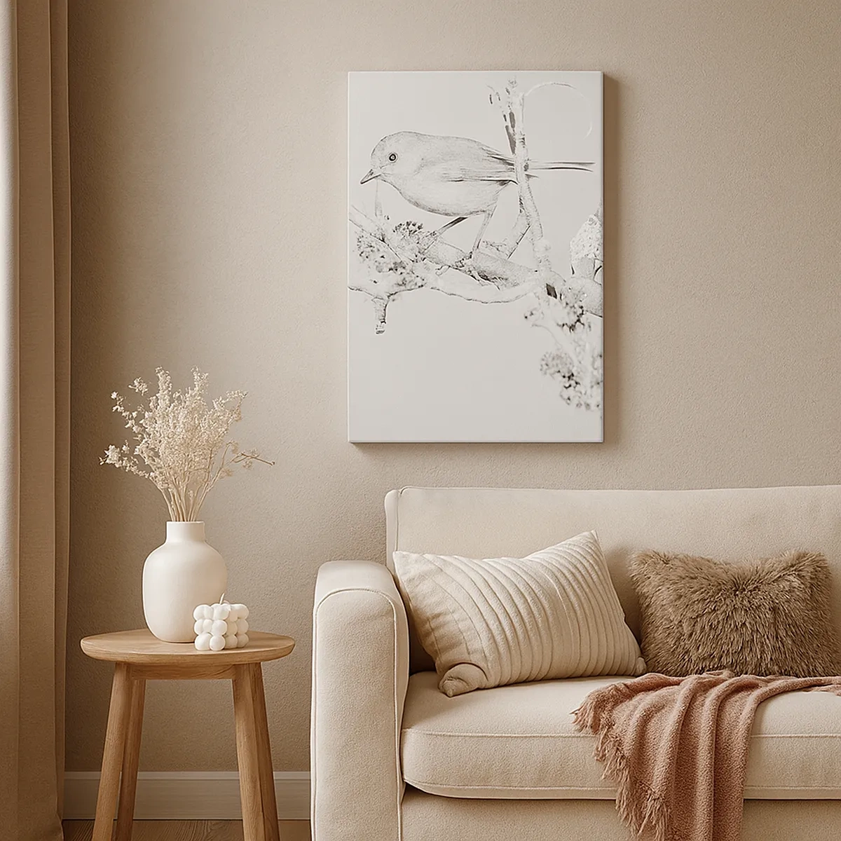 Obraz na płótnie - Szkic małego ptaka siedzącego na ośnieżonej gałęzi - 50x70cm - Zimowy poranek - Nowoczesna dekoracja ścienna do salonu, kuchni i sypialni ARTTOR