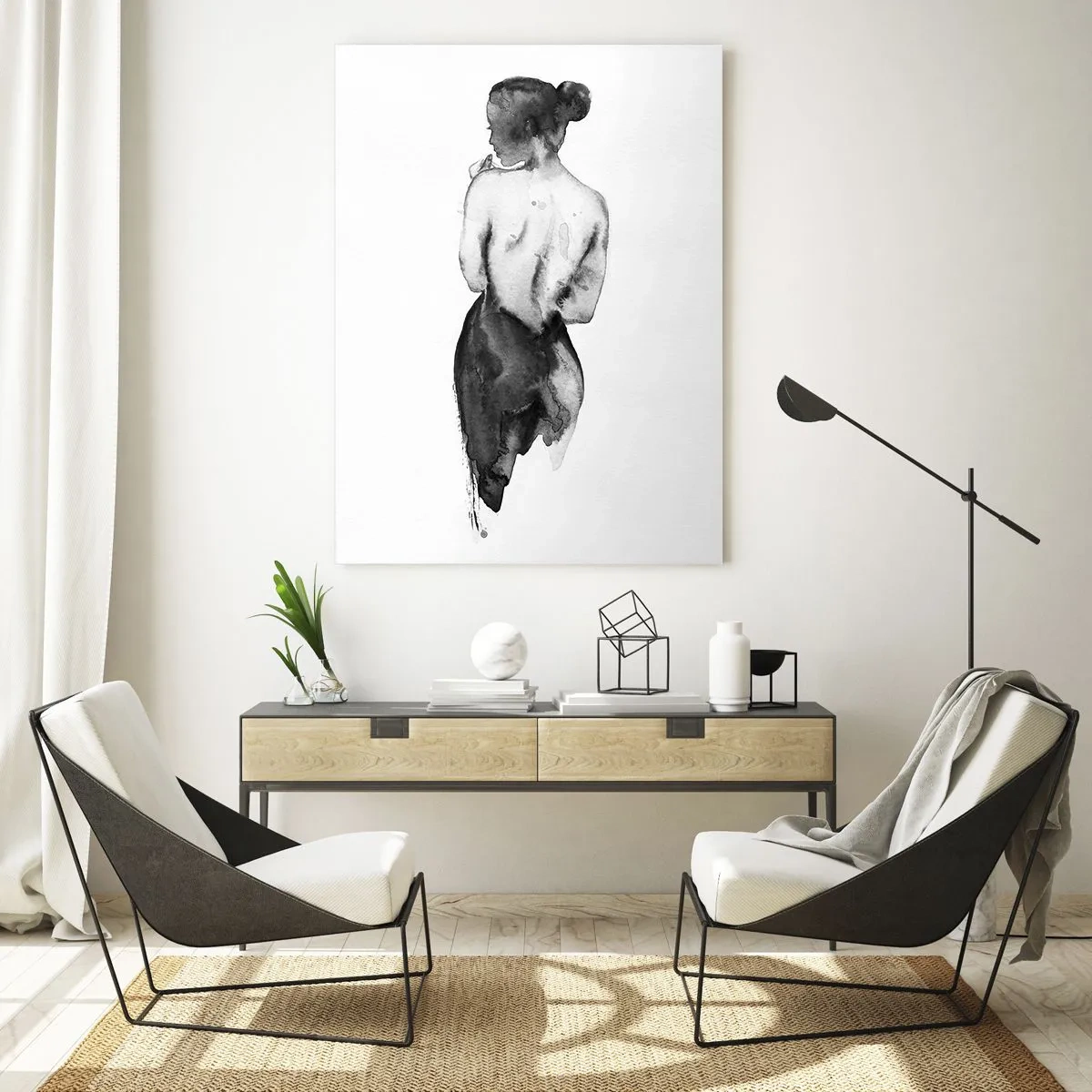 Obraz na szkle - Czarno-biała sylwetka kobiety w stylu akwareli - 50x70cm - Przy niej świat znika - Nowoczesna dekoracja ścienna do salonu, kuchni i sypialni ARTTOR
