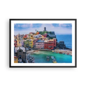 Plakat w czarnej ramie - Kolorowe miasteczko nad morzem z malowniczym portem - 70x50cm - Śródziemnomorskie magiczne miasteczko - Nowoczesna dekoracja ścienna do salonu i sypialni ARTTOR