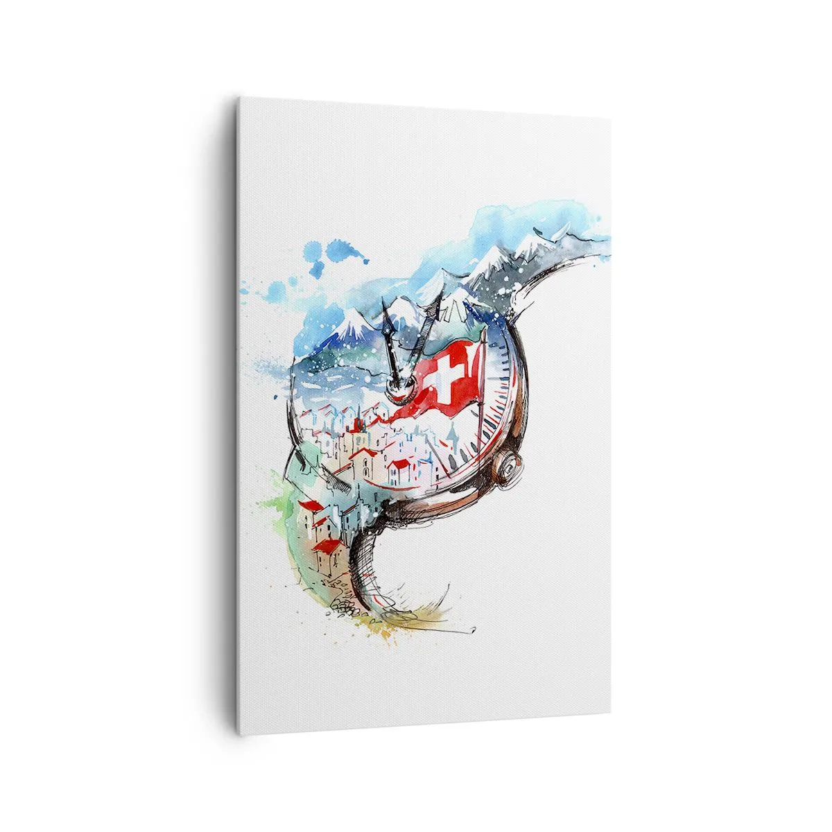 Obraz na płótnie - Akwarelowy krajobraz Szwajcarii w zegarku - 80x120cm - Duch Szwajcarii - Nowoczesna dekoracja ścienna do salonu i sypialni ARTTOR