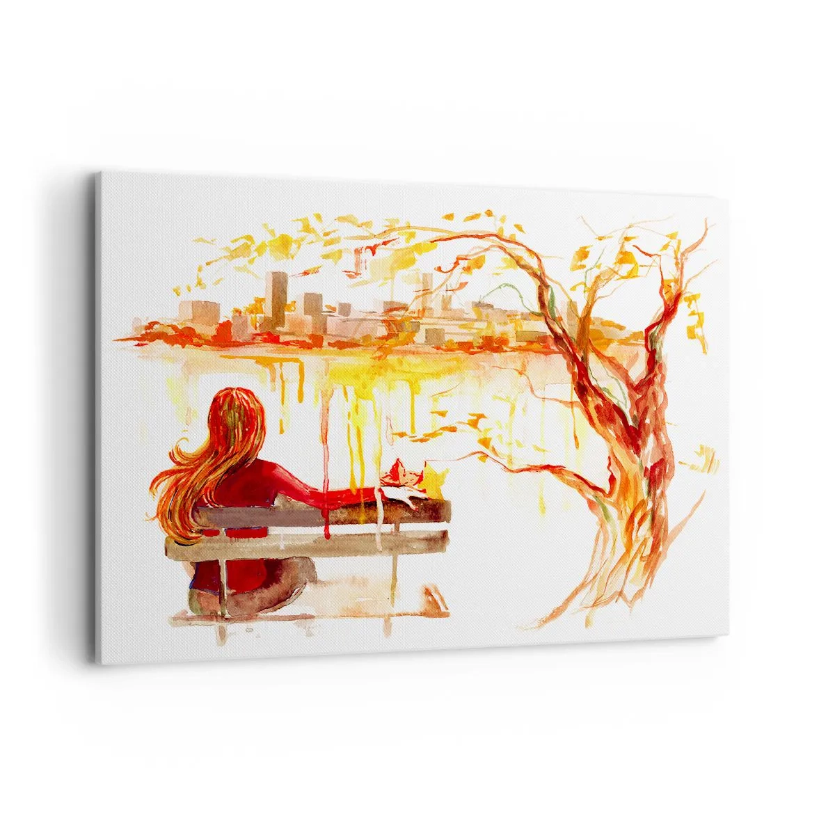 Obraz na płótnie - Akwarelowa scena kobiety na ławce z widokiem na miasto - 100x70cm - Chwila zadumy - Nowoczesna dekoracja ścienna do salonu, kuchni i sypialni ARTTOR