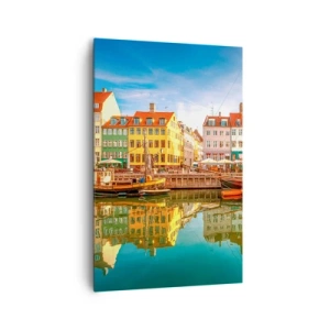 Obraz na płótnie - Kolorowe kamienice nad kanałem w Kopenhadze - 80x120cm - Nad wodą gładką jak lustro - Nowoczesna dekoracja ścienna do salonu i sypialni ARTTOR