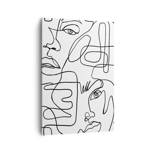 Obraz na płótnie - Minimalistyczny rysunek twarzy z liniami na jasnym tle - 70x100cm - W splątanych emocjach - Nowoczesna dekoracja ścienna do salonu i sypialni ARTTOR