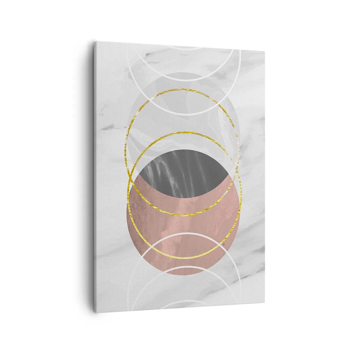 Obraz na płótnie - Abstrakcyjne okręgi w odcieniach złota, szarości i różu - 50x70cm - Muzyka sfer - Nowoczesna dekoracja ścienna do salonu, kuchni i sypialni ARTTOR