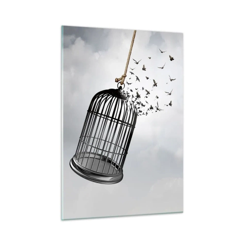 Obraz na szkle - Otwarcie klatki i wylatujące z niej ptaki na tle nieba - 50x70cm - Wiara...Nadzieja...Wolność! - Nowoczesna dekoracja ścienna do salonu, kuchni i sypialni ARTTOR