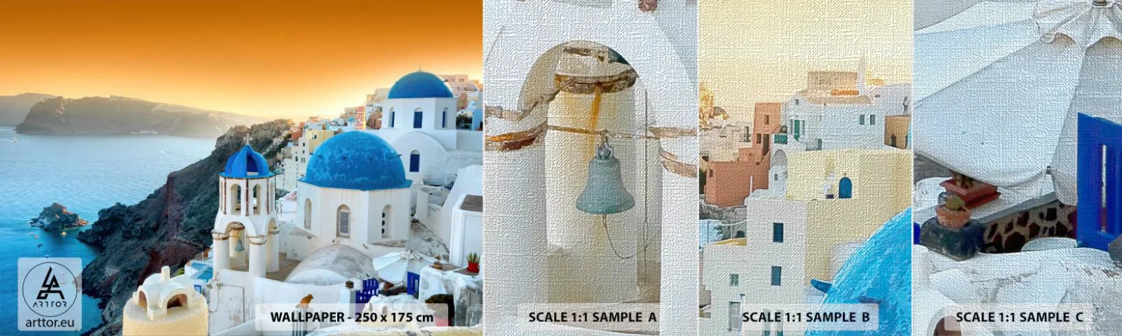 Fototapeta Próbka Premium Canvas - Santorini - przytulone do skał - Krajobraz, Grecja, Santorini - 100x30 cm