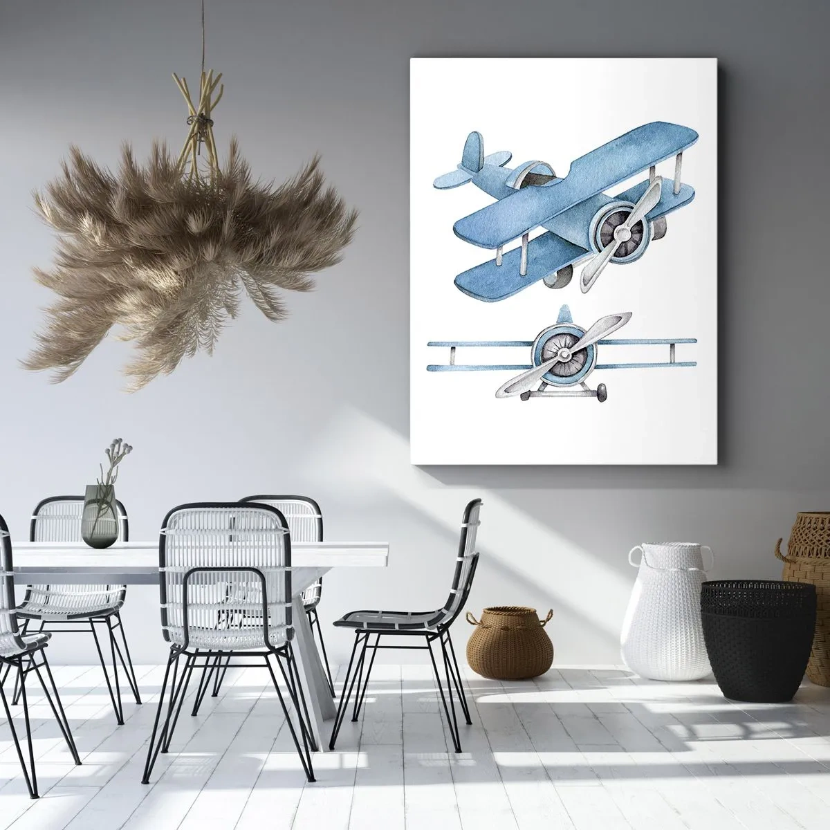 Obraz na płótnie - Ilustracja błękitnego dwupłatowca w stylu akwareli, widok z boku i z przodu - 50x70cm - Urodzony zwycięzca - Nowoczesna dekoracja ścienna do salonu, kuchni i sypialni ARTTOR