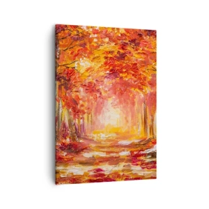 Obraz na płótnie - Jesienny las w ciepłych odcieniach czerwieni, pomarańczu i złota - 50x70cm - Miedziany las - Nowoczesna dekoracja ścienna do salonu, kuchni i sypialni ARTTOR