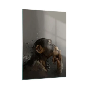 Obraz na szkle - Małpa w zamyśleniu na ciemnym tle z efektem rozprysku - 50x70cm - Z pewnością myśliciel - Nowoczesna dekoracja ścienna do salonu, kuchni i sypialni ARTTOR