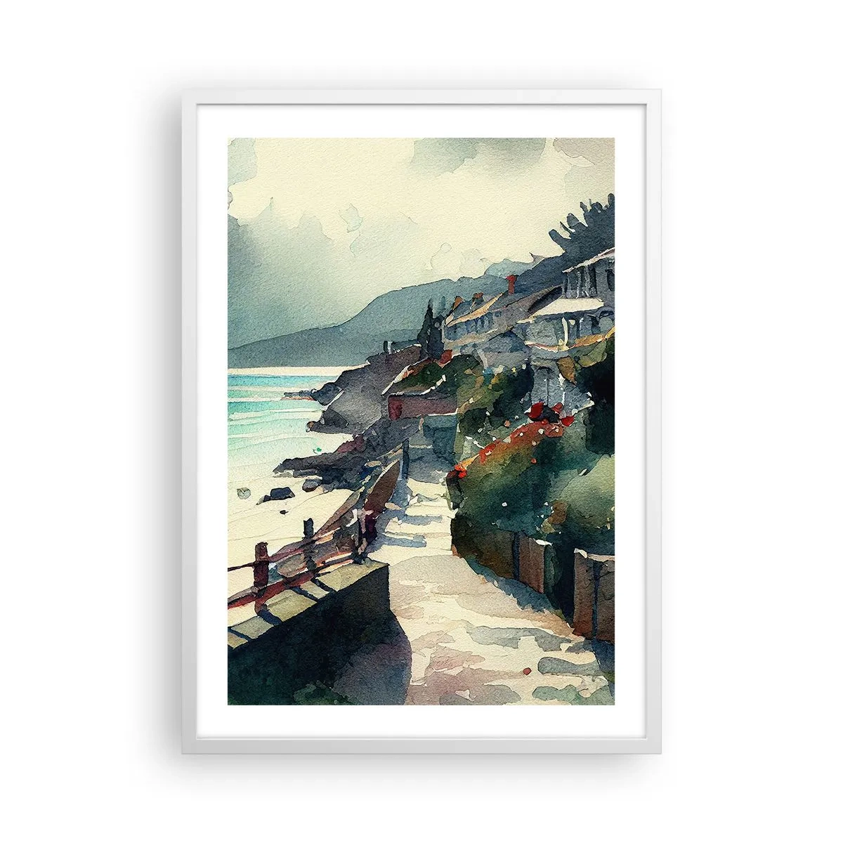 Plakat w białej ramie - Śródziemnomorskie miasteczko - 50x70 cm