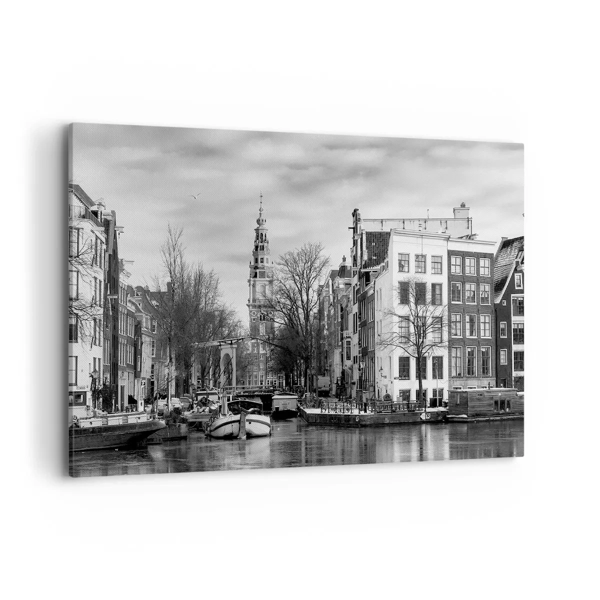 Obraz na płótnie - Czarno-biała panorama Amsterdamu z kanałem i zabytkowymi budynkami - 100x70cm - Amsterdamskie klimaty - Nowoczesna dekoracja ścienna do salonu, kuchni i sypialni ARTTOR
