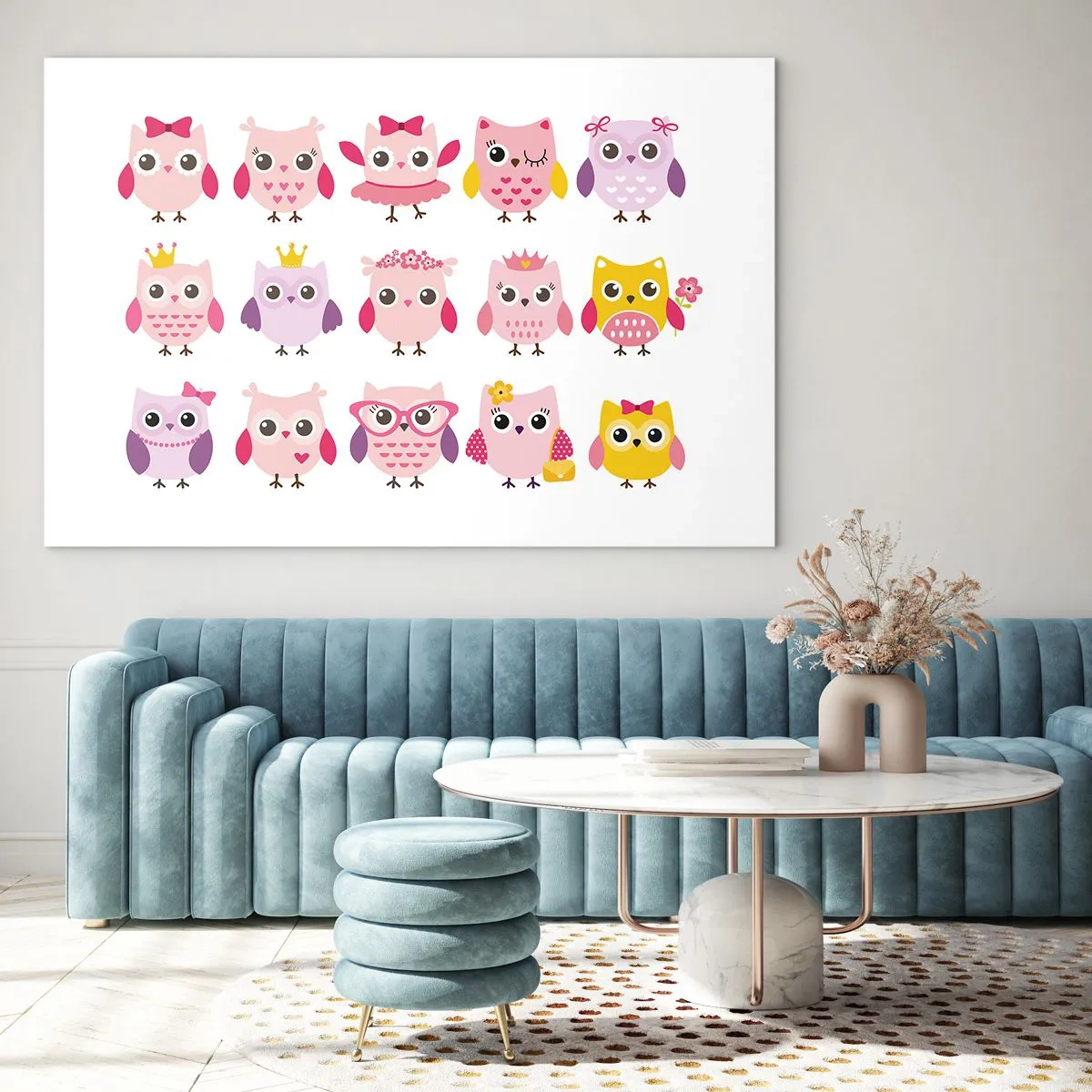 Obraz na szkle - Kolorowe sowy w różnych wzorach na białym tle - 100x70cm - Jedna słodsza od drugiej - Nowoczesna dekoracja ścienna do salonu, kuchni i sypialni ARTTOR