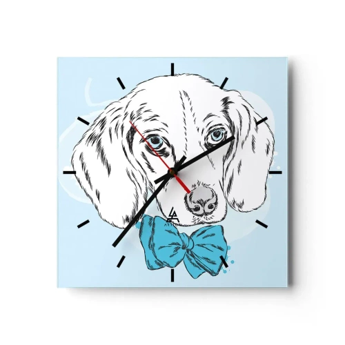 Zegar ścienny - Urocza grafika psa z muszką na pastelowym tle - 30x30cm - Psia elegancja - Nowoczesna dekoracja ścienna do salonu i sypialni ARTTOR