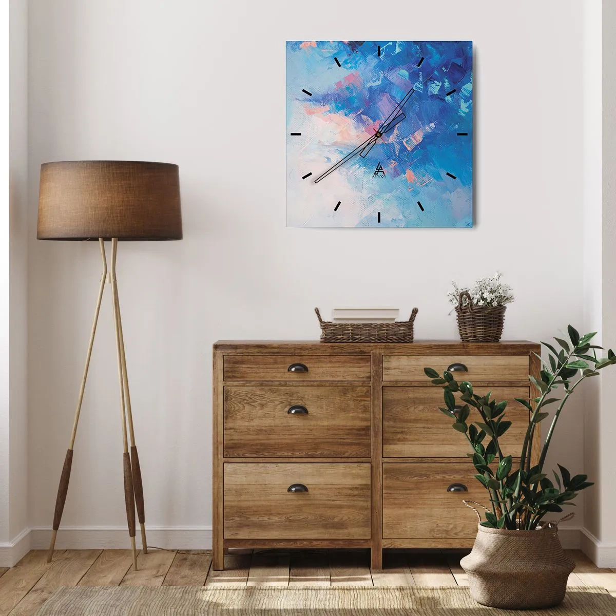 Zegar ścienny - Abstrakcyjna kompozycja w odcieniach błękitu i różu - 30x30cm - Zimowa abstrakcja - Nowoczesna dekoracja ścienna do salonu i sypialni ARTTOR