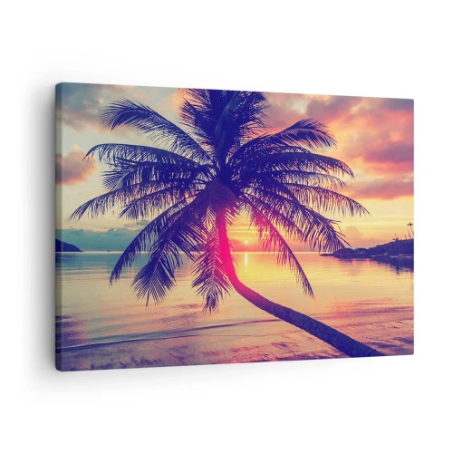 Obraz na płótnie - Zachód słońca z palmą nad spokojnym brzegiem - 70x50cm - Wieczór pod palmami - Nowoczesna dekoracja ścienna do salonu i sypialni ARTTOR