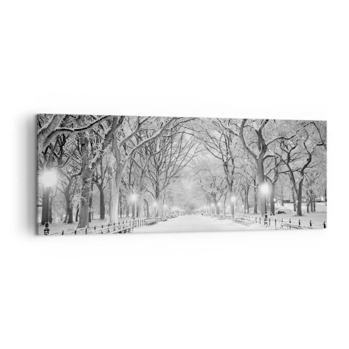 Obraz na płótnie - Zimowa alejka z drzewami pokrytymi śniegiem w monochromatycznym ujęciu - 140x50cm - Cztery pory roku – zima - Nowoczesna dekoracja ścienna do salonu i sypialni ARTTOR