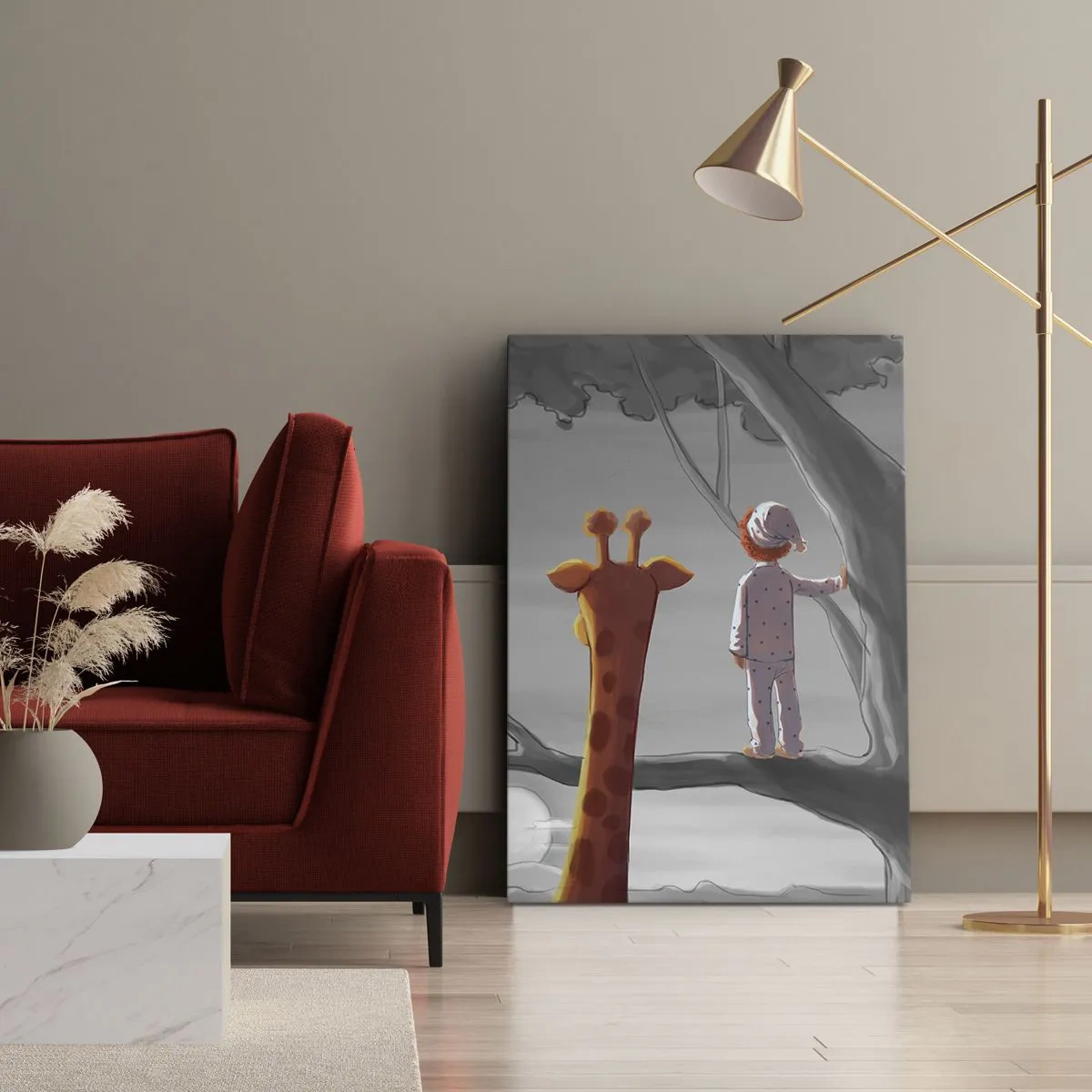 Obraz na płótnie - Chłopiec w piżamie i żyrafa stojące na drzewie w bajkowej scenerii - 50x70cm - To się naprawdę dzieje - Nowoczesna dekoracja ścienna do salonu, kuchni i sypialni ARTTOR