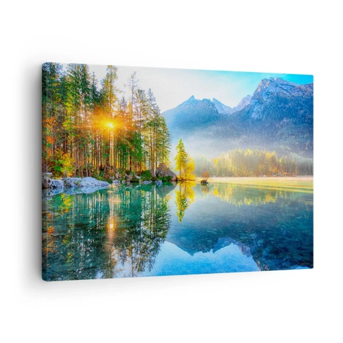 Obraz na płótnie - Jezioro otoczone górami i lasem w promieniach słońca - 70x50cm - Majestat i słodycz - Nowoczesna dekoracja ścienna do salonu i sypialni ARTTOR