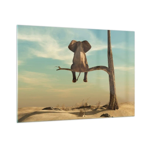 Obraz na szkle - Słon na gałęzi drzewa w surrealistycznej scenerii - 100x70cm - Nowy punkt widzenia - Nowoczesna dekoracja ścienna do salonu, kuchni i sypialni ARTTOR