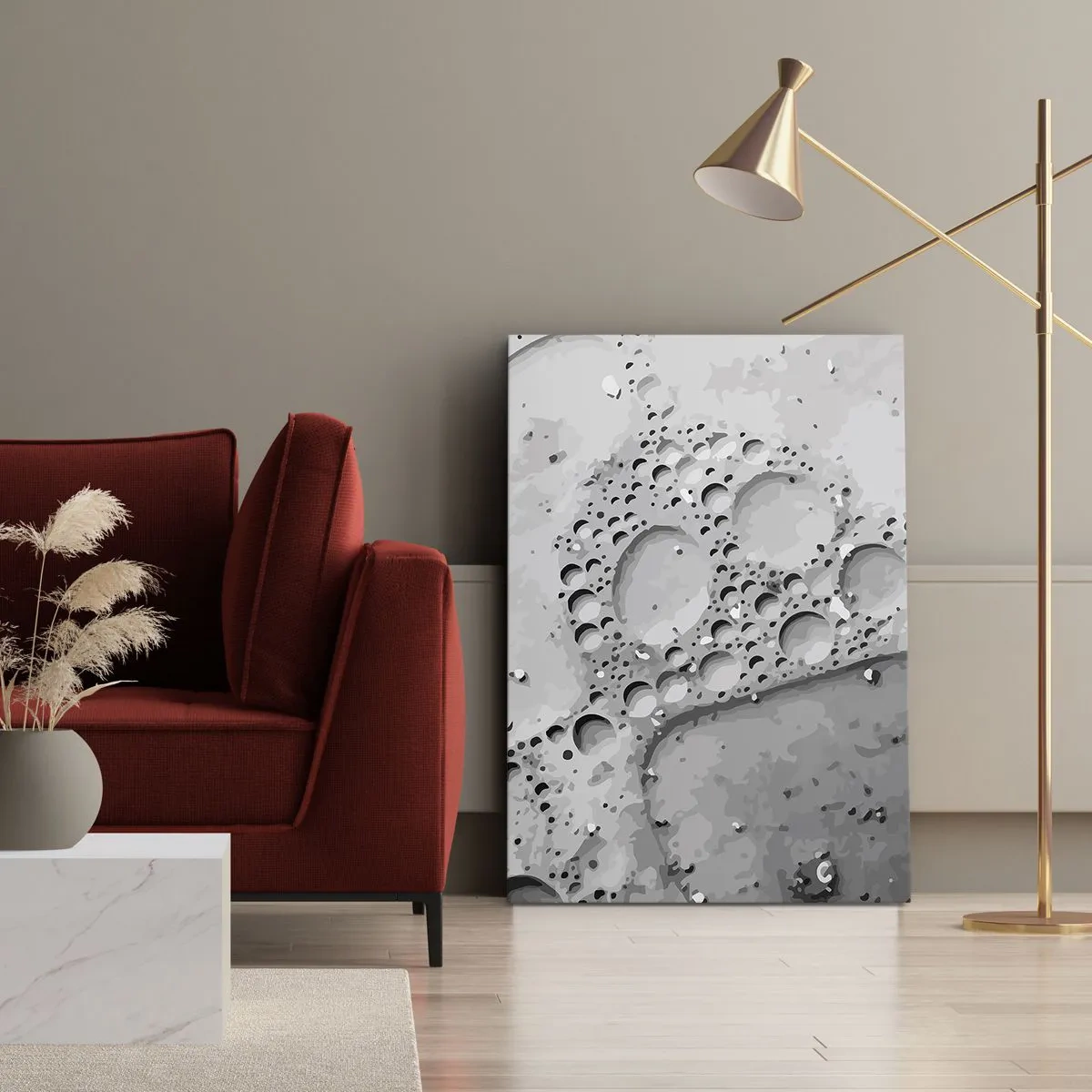 Obraz na płótnie - Czarno-biały wzór bąbelków w minimalistycznym stylu - 80x120cm - Slad po spienionym - Nowoczesna dekoracja ścienna do salonu i sypialni ARTTOR